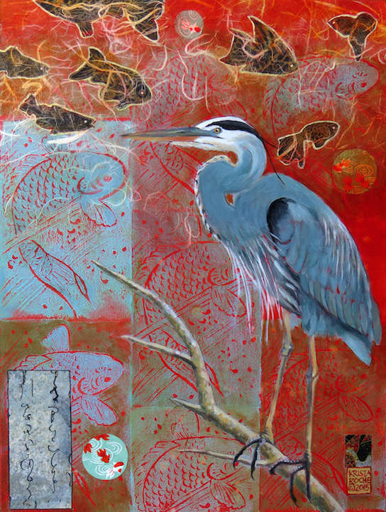 Fish Dreams 2 (Great Blue Heron) | Acrylic and Collage  | 16" x 12" | $550.00