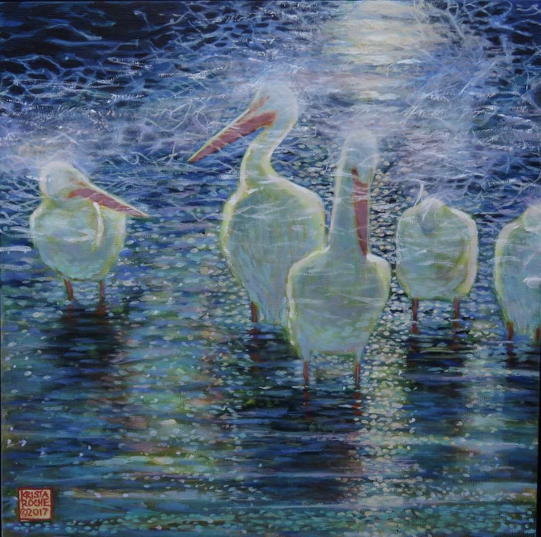 Pelicans in Moonlight | Acrylic and Collage | 12" x 12" | $545.00