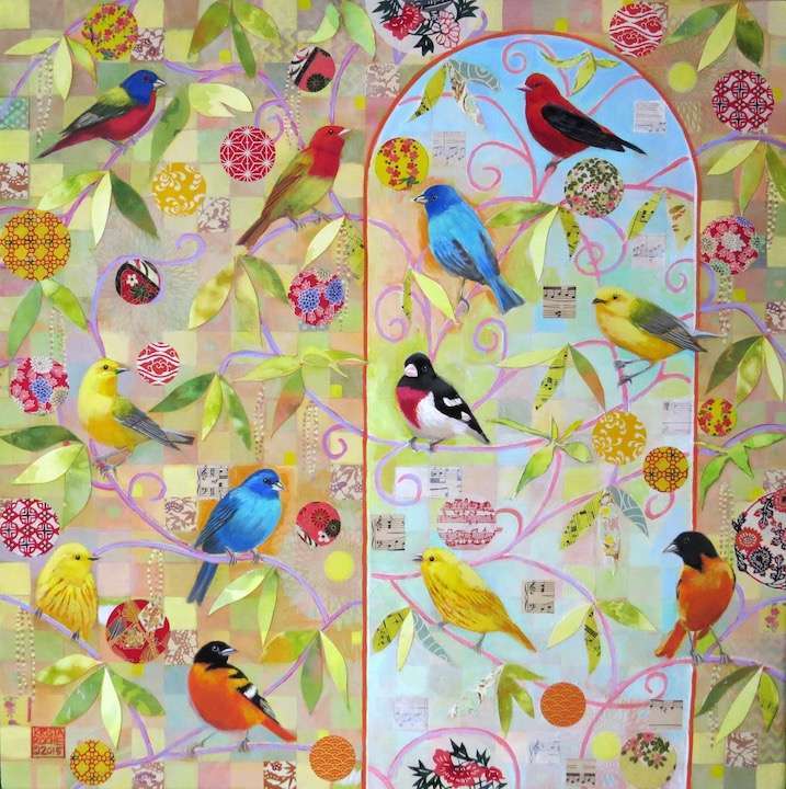 Easter Egg Tree - Spring Migration | Acrylic and Collage | 24" x 24" |©2020 by Krista  Roche | SOLD
