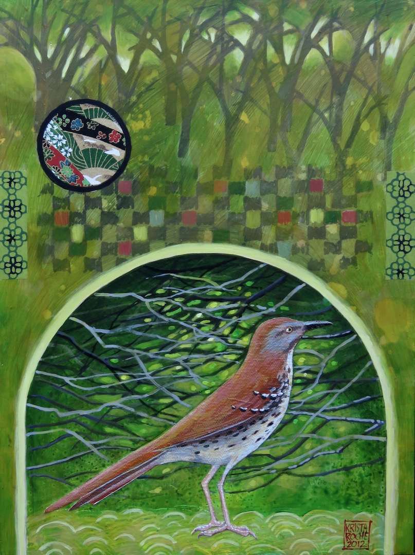 Secret Habitat (Brown Thrasher) | Acrylic and Collage | 12" x 9" | $395.00