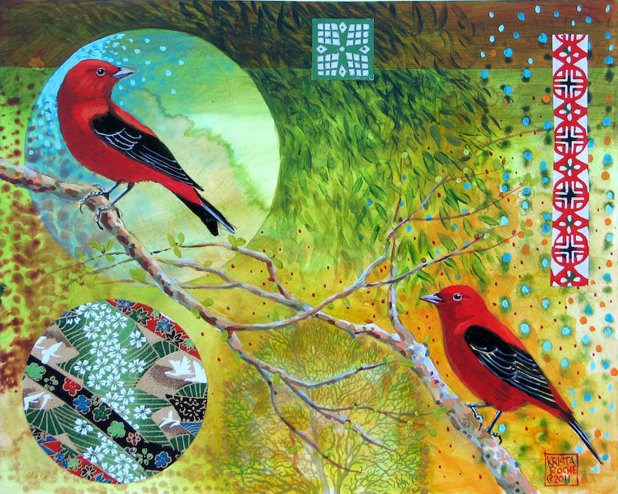 Spring Song 3 (Scarlet Tanagers) |Acrylic and Collage | 8" x 10" |
$325.00