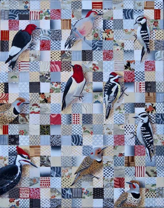 Patterns of Diversity (Woodpeckers) | Acrylic and Collage | 20" x 16" | ©2020 by Krista  Roche | SOLD