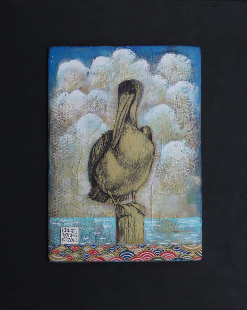 Young Pelican by the Sea | Acrylic and Collage | 11.5" x 9" | $250.00