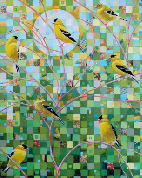 Summer Goldfinches | Acrylic and Collage |©2020 by Krista  Roche | SOLD