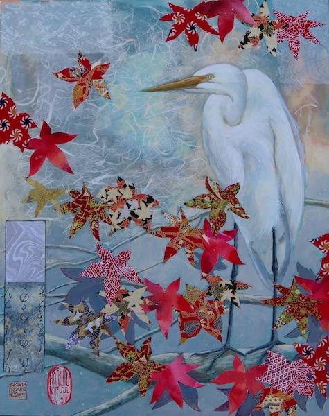 Autumn Egret 1 | Acrylic and Collage | 20" x 16" | ©2020 by Krista  Roche | SOLD