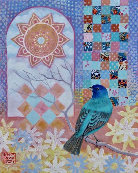 Spirit of Spring (Indigo Bunting) | Acrylic and Collage | 10" x 8" | $325.00