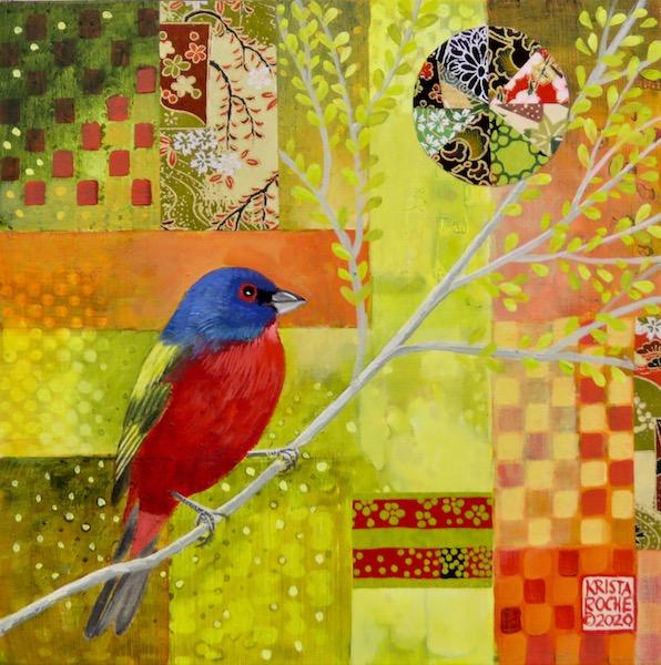 Rainbow Bird 2 (Painted Bunting) | Acrylic and Collage | 8" x 8" | $295.00 | SOLD