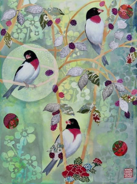 Mulberry Party (Rose-breasted Grosbeaks) | Acrylic and Collage | 16" x 12' | $625.00