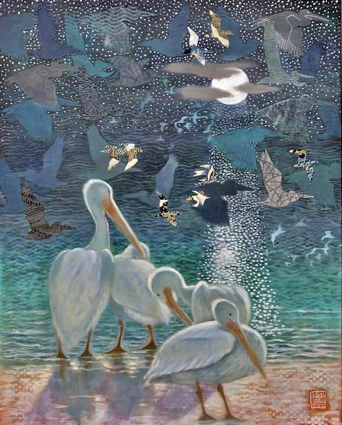 Moon-viewing Party (American White Pelicans) | Acrylic and Collage | 20" x 16" | $795.00 | SOLD