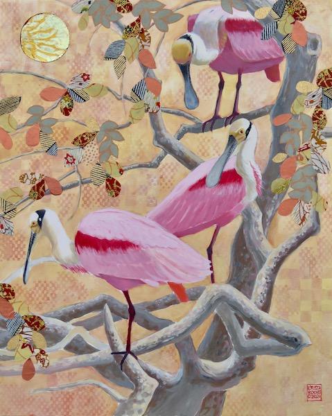 In a Golden Rose-colored World 1 (Roseate Spoonbills) | Acrylic and Collage | 16" x 20" | $795.00