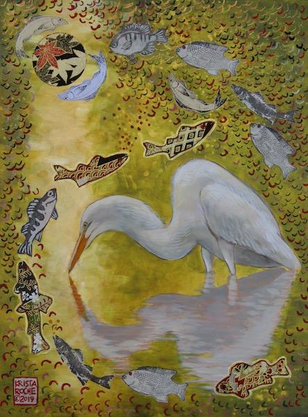 Fish Dreams 2 (Great Egret) | Acrylic and Collage | 12' x 9" | $450.00