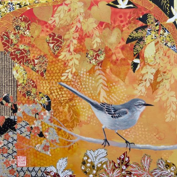 Autumn Mockingbird | Acrylic and Collage | 12" x 12" | $550.00