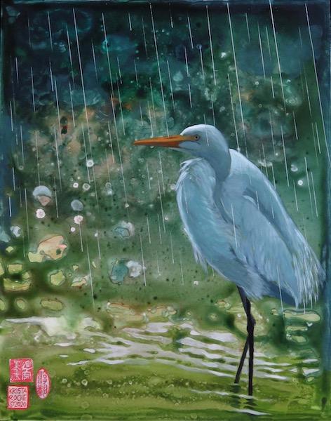 Egret in Summer Rain | Acrylic | |©2020 by Krista  Roche | SOLD