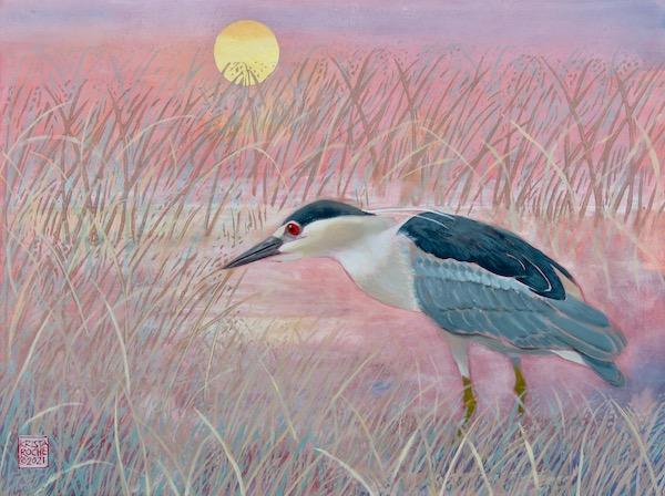 Sunset Stalking (Black-crowned Night Heron) | 12' x 16" | acrylic/collage | $650.00 