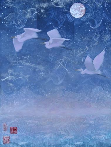 Three Egrets -- Early Dawn | acrylic/collage | 16" x 12' | $625.00 | *