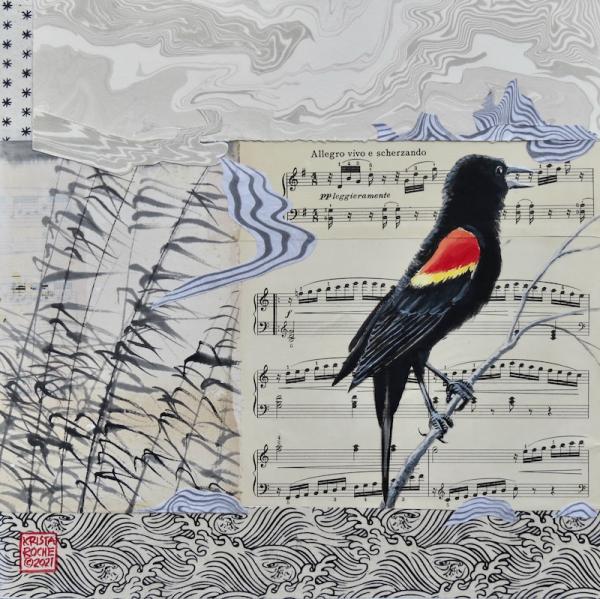 Marsh Song 1 (Red-winged Blackbird) | 12' x 12" | acrylic/collage | $625.00