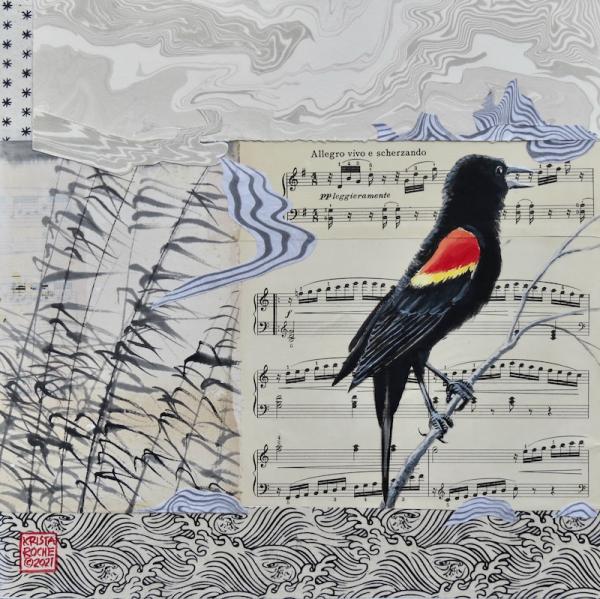 Marsh Song 1 (Red-winged Blackbird) | 12' x 12" | acrylic/collage | $625.00 