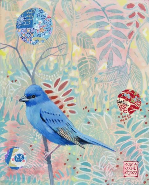 Spring Daydream with Indigo Bunting | 10" x 8" | acrylic/collage | $425.00