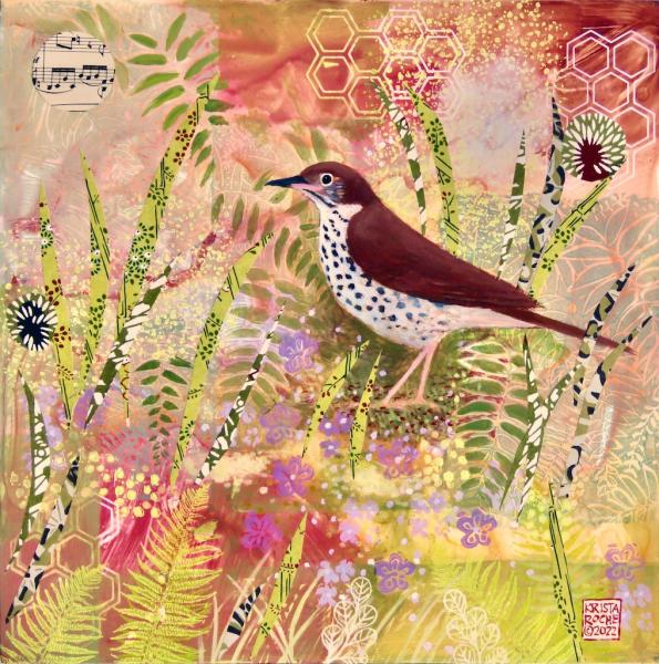 In Memory of a Wood Thrush 2 | 12" x 12" | acrylic/collage | $625.00