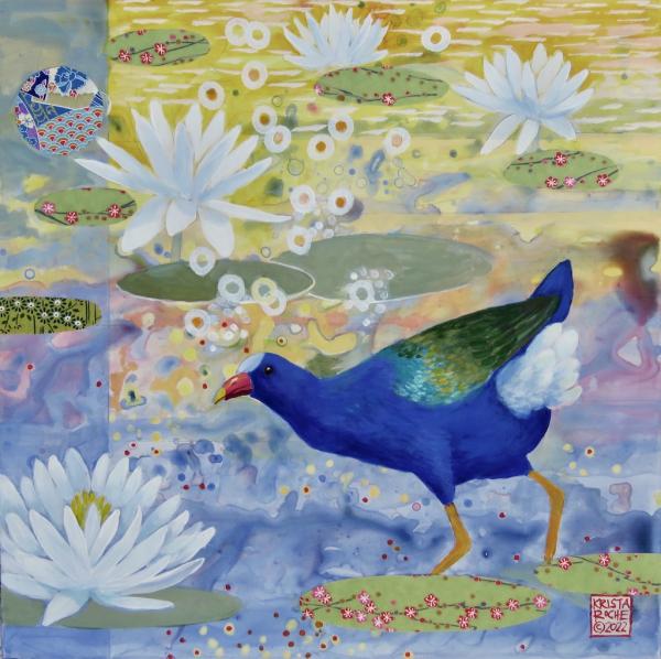 Among the Lilies 2 (Purple Gallinule | 12" x 12" | acrylic/collage | $625.00