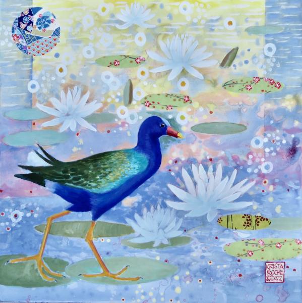 Among the Lilies 1 (Purple Gallinule | 12" x 12" | acrylic/collage | $625.00