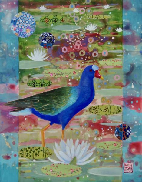 Among the Lilies 3 (Purple Gallinule | 12" x 12" | acrylic/collage | $625.00