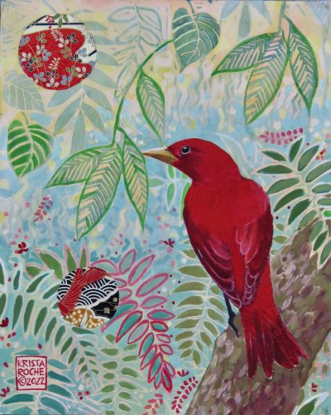 Sightings: Summer Tanager | 10" x 8" | acrylic/collage | $425.00