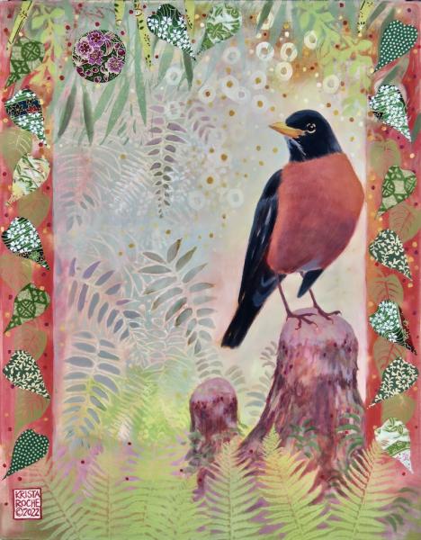 Swamp Sentinel (American Robin) | 14" x 11" | acrylic/collage | $650.00