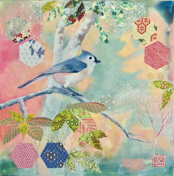 Garden Visitor 2  (Tufted Titmouse) | 12" x 12" | acrylic/collage | $625.00