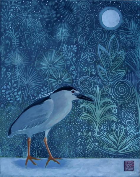Moon Garden with Black-crowned Night Heron | 14" x 11" | acrylic | $650.00