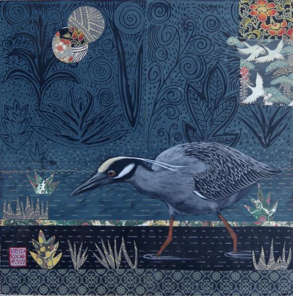 Dusk Stalking (Yellow-crowned Night Heron) | 11" x 14" | acrylic/collage | $650.00