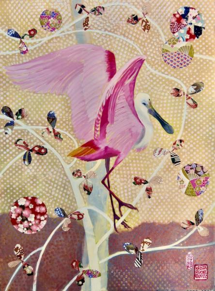 Dancing with the Spoonbills 1 | 16" x 12' | acrylic/collage | $750.00