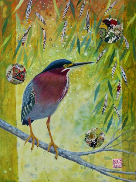 In the Willow Wood 2 (Green Heron) | 16" x 12' | acrylic/collage | $725.00|SOLD