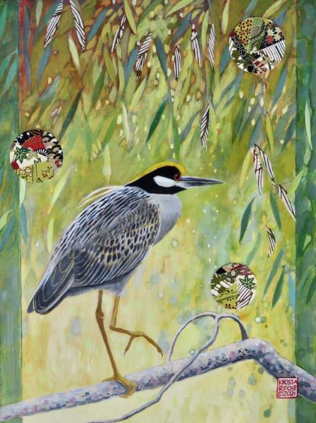 In the Willow Wood 1 (Yellow-crowned Night Heron) | 16" x 12" | acrylic/collage | $750.00