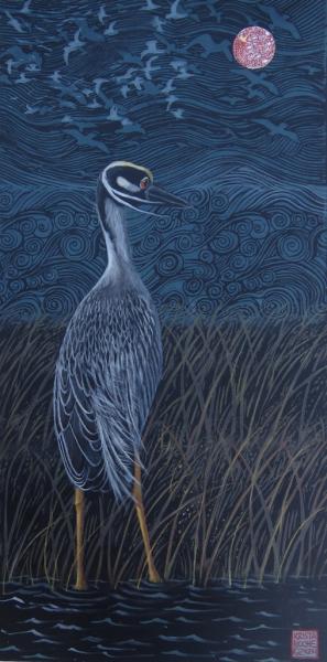 Windy Marsh with Yellow-crowned Night Heron | 20" x 10" | acrylic | $750.00