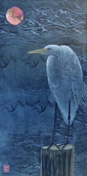 Nocturne by the Sea (Great Egret) | 24" x 12" | acrylic/collage | $895.00
