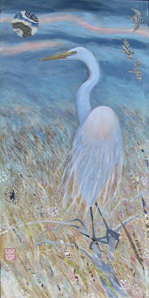 In the Windy Marsh (Great Egret) | 24" x 12" | acrylic/collage | $895.00