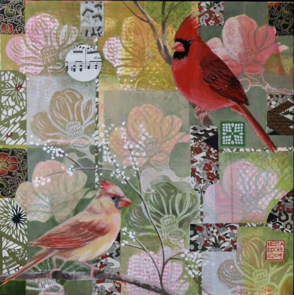 Window into Spring - Cardinals | 12" x 12" | acrylic/collage | $625.00