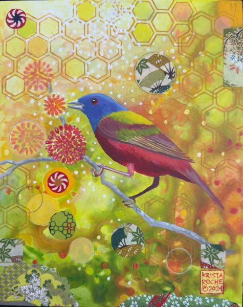 SOLD | Finding Fruit (Painted Bunting) | 10" x 8" | acrylic/collage | $450.00