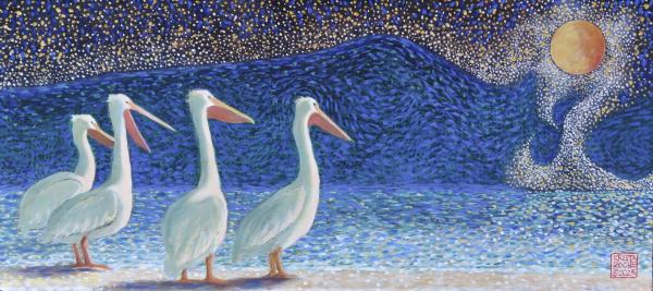 Pelicans, Starry Night | 9" x 19 1/2 | acrylic | $650.00