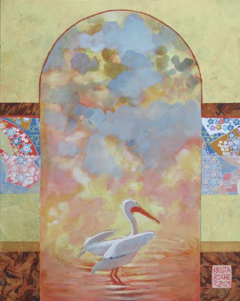SOLD | Pelican in Cloudscape 1 | 10" x 8" | acrylic/collage | $450.00 