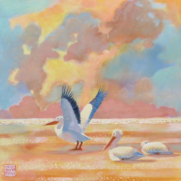 Greeting the New Day (White Pelicans) 12"X12 | acrylic | $625