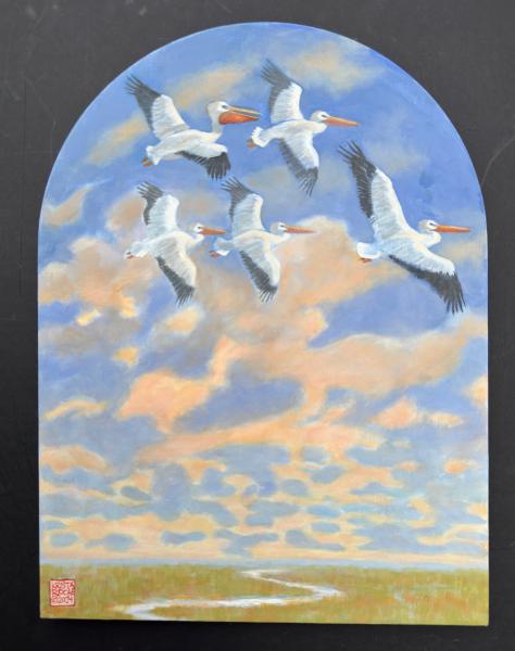 Follow the River (White Pelicans)| 16" x 12" (arch) | acrylic | $ 695.00