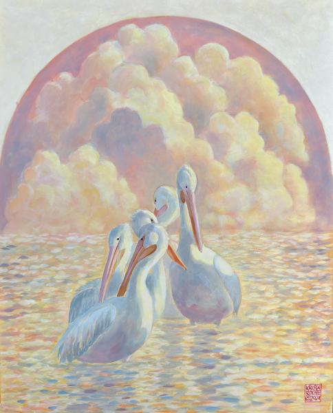 In Heavenly Light 1 (White Pelicans) | 20" x 16" (arch) | acrylic | $850.00
