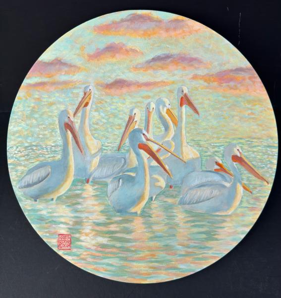 Late Afternoon Light with Pelicans 1 | 16" Diameter (round canvas) | acrylic | $750.00
