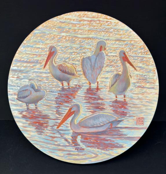 Late Afternoon Light with Pelicans 2 | 16" Diameter (round canvas) | acrylic | $750.00