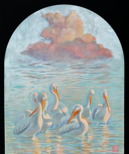 In Heavenly Light 2 (White Pelicans) | 20' x 16" (arch) | acrylic | $$850.00