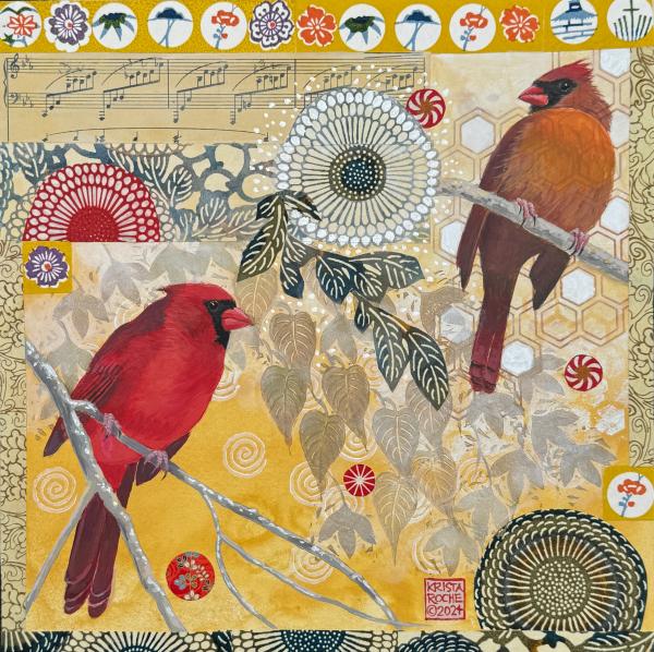 Sunrise Cardinals | 12" x 12" | acrylic/collage | $625.00