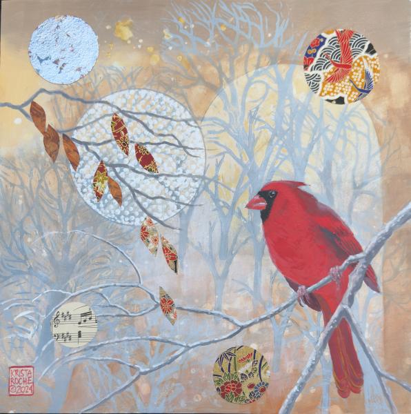 Winter Cardinal } 12' x 12" | acrylic/collage | $625.00
