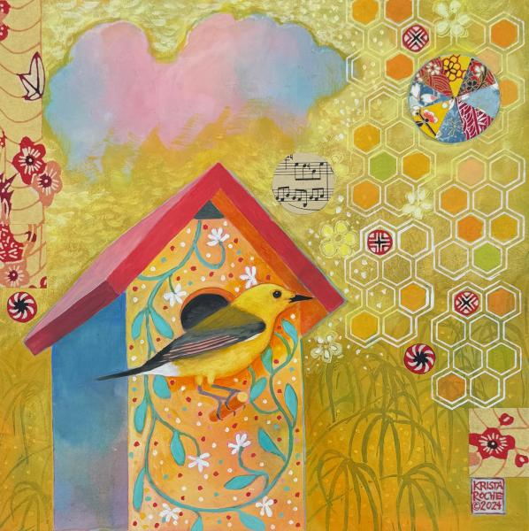 Bird of Light Finds a Home (Prothonotary Warbler) | 12" x 12' | acrylic/collage | 625.00
